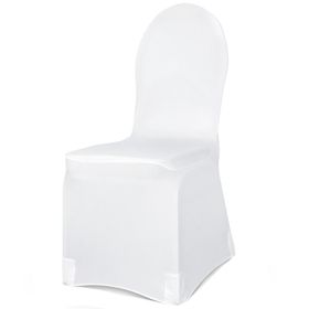 Vorderansicht: Weiße Stuhlhusse aus mattem, elastischem Stoff, straff über einen Stuhl mit runder Rückenlehne gezogen, elegante und faltenarme Passform.