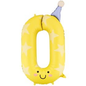 Farbenfrohe Geburtstagsdekoration mit schwebenden Zahlenballons von 0 bis 9 in Pastellfarben, ergänzt durch Luftballons und Papierdekoration auf einem festlich dekorierten Boden.