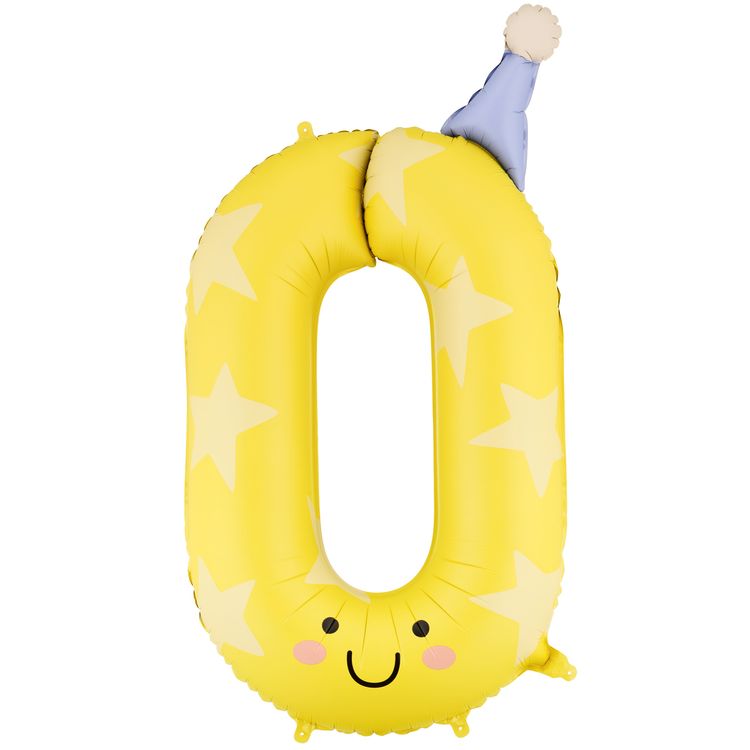 Farbenfrohe Geburtstagsdekoration mit schwebenden Zahlenballons von 0 bis 9 in Pastellfarben, ergänzt durch Luftballons und Papierdekoration auf einem festlich dekorierten Boden.