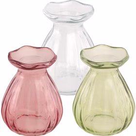 Mini Glasvase Corolle 7 x 9 cm im Set in Rosa, Grün und Transparent, kleine Blumenvasen für Tisch-Deko.