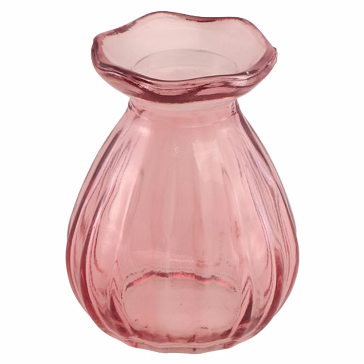 Mini Glasvase Corolle 7 x 9 cm kleine Blumenvase Tisch-Deko Hochzeit Geburtstag Sommerfest Gartenparty Vase klein Deko-Zubehör gedeckter Tisch Mini Glasvase Corolle 7 x 9 cm in Rosa, kleine Blumenvase mit gewelltem Rand für Tisch-Deko.