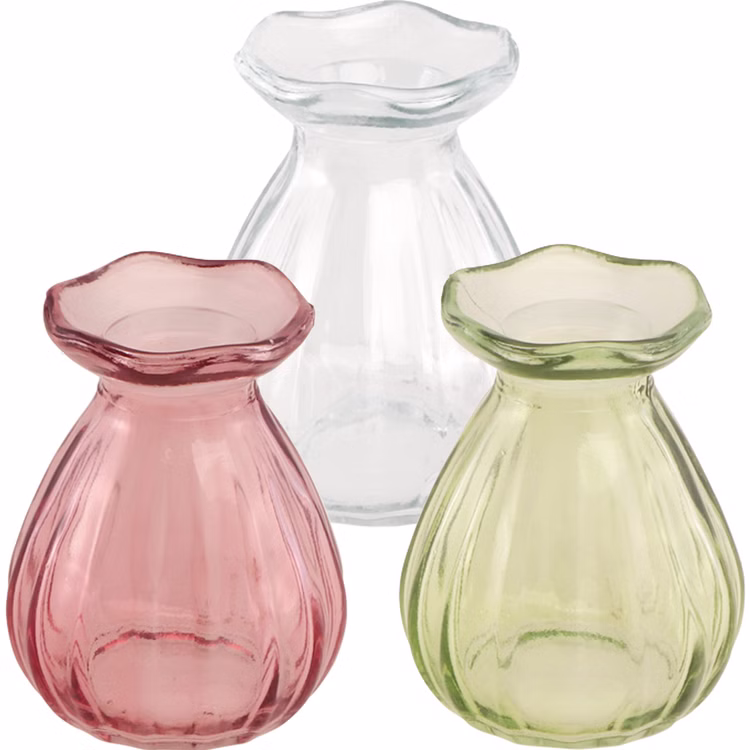 Mini Glasvase Corolle 7 x 9 cm kleine Blumenvase Tisch-Deko Hochzeit Geburtstag Sommerfest Gartenparty Vase klein Deko-Zubehör gedeckter Tisch Mini Glasvase Corolle 7 x 9 cm im Set in Rosa, Grün und Transparent, kleine Blumenvasen für Tisch-Deko.