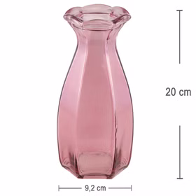 Rosa Glasvase Corolle mit Maßangaben 9,2 cm Breite und 20 cm Höhe auf hellem Hintergrund.