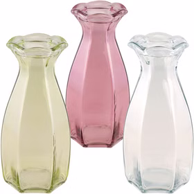 Glasvase Corolle in den Farben Grün, Rosa und Transparent im direkten Vergleich auf weißem Hintergrund.