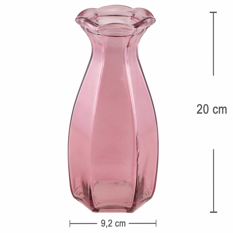 Glasvase Corolle 20 cm elegante Blumenvase Vintage Tisch-Deko Hochzeit Geburtstag Vase aus Glas festliche Tischdeko Wohnaccessoire Glasvase dekorativ Rosa Glasvase Corolle mit Maßangaben 9,2 cm Breite und 20 cm Höhe auf hellem Hintergrund.