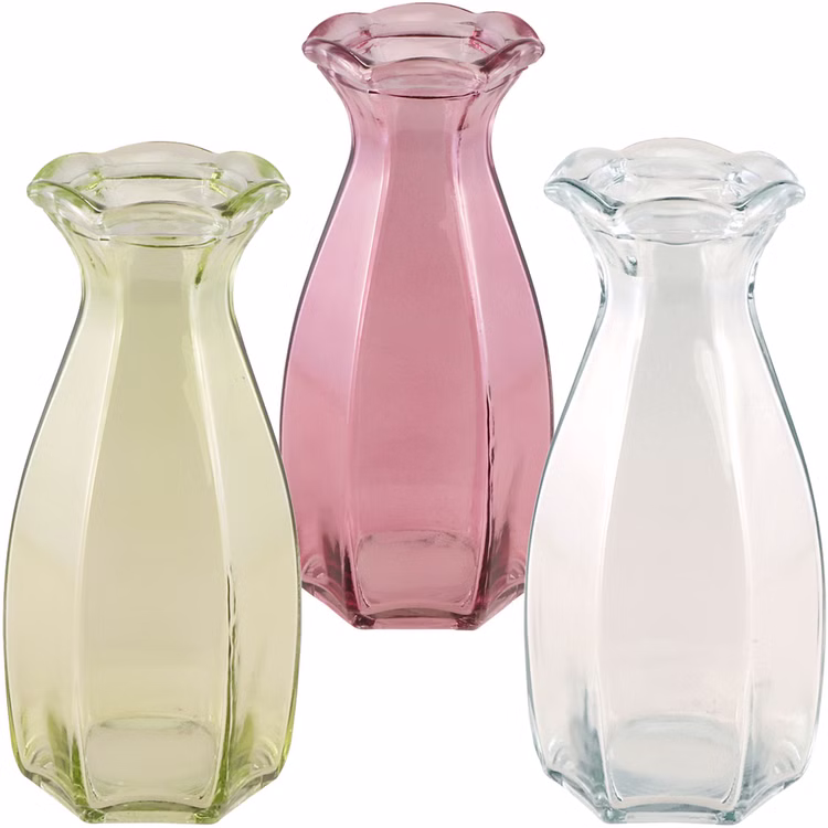 Glasvase Corolle 20 cm elegante Blumenvase Vintage Tisch-Deko Hochzeit Geburtstag Vase aus Glas festliche Tischdeko Wohnaccessoire Glasvase dekorativ Glasvase Corolle in den Farben Grün, Rosa und Transparent im direkten Vergleich auf weißem Hintergrund.