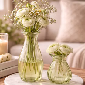 Glasvasen Set „Corolle“ 2er – Mini & große Blumenvase Tisch-Deko Rosa Grün Transparent Blumenvasen gedeckter Tisch Familienfest Hochzeit Geburtstag Jubiläum Kommunion Möbel & Wohnen Accessoires Grüne Glasvasen mit frischen Blumen dekorativ auf einem Tisch arrangiert – stilvolle Wohn- und Tischdekoration.