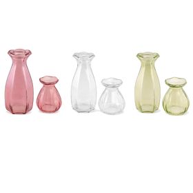 Zwei rosafarbene Glasvasen im Set – große Blumenvase und kleine Mini-Vase mit gewelltem Rand vor neutralem Hintergrund.