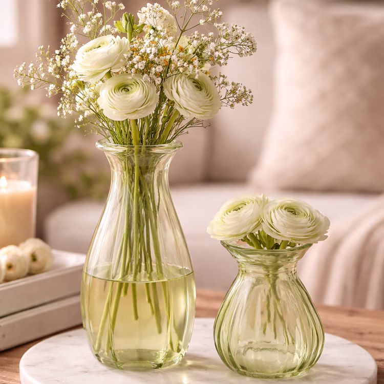 Glasvasen Set „Corolle“ 2er – Mini & große Blumenvase Tisch-Deko Rosa Grün Transparent Blumenvasen gedeckter Tisch Familienfest Hochzeit Geburtstag Jubiläum Kommunion Möbel & Wohnen Accessoires Grüne Glasvasen mit frischen Blumen dekorativ auf einem Tisch arrangiert – stilvolle Wohn- und Tischdekoration.