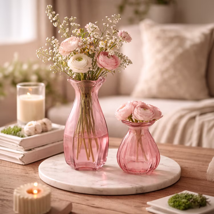 Glasvasen Set „Corolle“ 2er – Mini & große Blumenvase Tisch-Deko Rosa Grün Transparent Blumenvasen gedeckter Tisch Familienfest Hochzeit Geburtstag Jubiläum Kommunion Möbel & Wohnen Accessoires Rosafarbene Glasvasen mit frischen Blumen dekorativ auf einem Tisch arrangiert – stilvolle Wohn- und Tischdekoration.