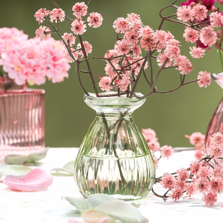 Glasvasen Set „Corolle“ 2er – Mini & große Blumenvase Tisch-Deko Rosa Grün Transparent Blumenvasen gedeckter Tisch Familienfest Hochzeit Geburtstag Jubiläum Kommunion Möbel & Wohnen Accessoires Mini Glasvase grün mit Blumen dekoriert, kleine Blumenvase für Tisch-Deko Hochzeit.