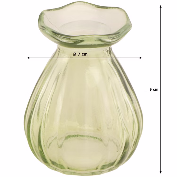 Glasvasen Set „Corolle“ 2er – Mini & große Blumenvase Tisch-Deko Rosa Grün Transparent Blumenvasen gedeckter Tisch Familienfest Hochzeit Geburtstag Jubiläum Kommunion Möbel & Wohnen Accessoires Kleine grüne Mini-Glasvase mit Maßangaben – kompakte Tischvase mit gewelltem Rand und dekorativer Struktur.