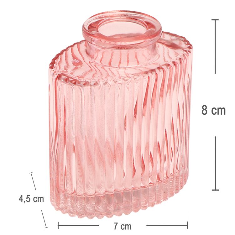 Mini Glasvase „Helios“ 8 cm hoch Tisch-Deko Vase Mini-Glasvase „Helios“ in Rosa mit geriffelter Oberfläche, rechteckiger Form und kleiner Öffnung auf hellem Hintergrund.