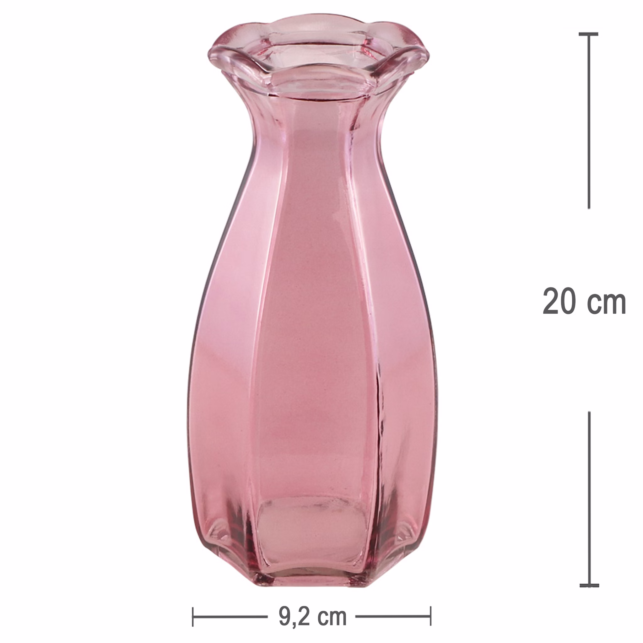Rosa Glasvasen Set 3er Tischdeko 2 Mini & 1 große Vase Hochzeit & Geburtstag Tisch-Deko dekoratives Vasen-Set aus Glas Festtafel Dekoration gedeckter Tisch Wohnaccessoire Möbel & Wohnen Rosa Blumenvase aus Glas mit Maßangaben 9,2 cm Breite und 20 cm Höhe auf hellem Hintergrund.