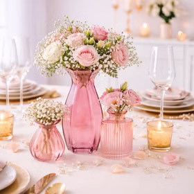 Drei rosa Glasvasen in unterschiedlichen Größen stehen als Tischdekoration auf einer festlich gedeckten Tafel mit Kerzen, Blumenarrangement in Rosa und Weiß sowie goldfarbenem Besteck und Geschirr.