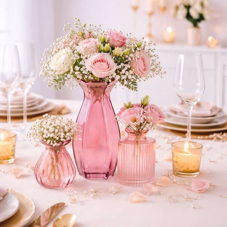 Rosa Glasvasen Set 3er Tischdeko 2 Mini & 1 große Vase Hochzeit & Geburtstag Tisch-Deko dekoratives Vasen-Set aus Glas Festtafel Dekoration gedeckter Tisch Wohnaccessoire Möbel & Wohnen Drei rosa Glasvasen in unterschiedlichen Größen stehen als Tischdekoration auf einer festlich gedeckten Tafel mit Kerzen, Blumenarrangement in Rosa und Weiß sowie goldfarbenem Besteck und Geschirr.