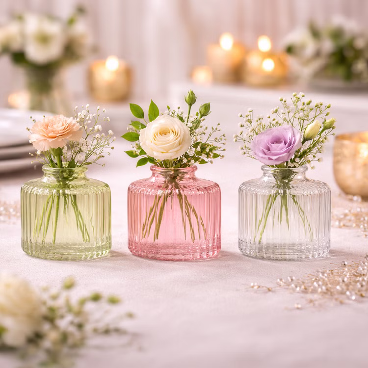 Mini Glasvasen-Set 3er Rosa grün Klar Tisch-Deko Hochzeit Geburtstag gedeckter Tisch Familienfeier Festtafel Kommunion Jubiläum Möbel & Wohnen Accessoires Das 3er-Set zeigt eine hohe transparente Vase, eine runde rosa Vase und eine grüne Vase mit strukturierter Glasoptik.