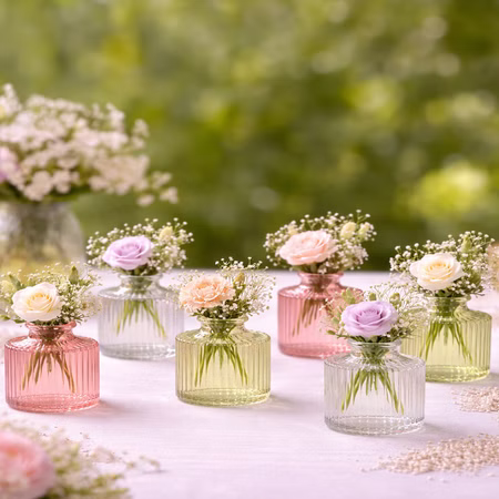 Mini Glasvasen-Set 6er Rosa Grün Klar Tisch-Deko Hochzeit Geburtstag gedeckter Tisch Blumenvase kleine Glasvase Dekoration Events Bunt gemischtes Mini-Glasvasen-Set mit kleinen Blumenarrangements als stilvolle Tischdeko im romantischen Ambiente.