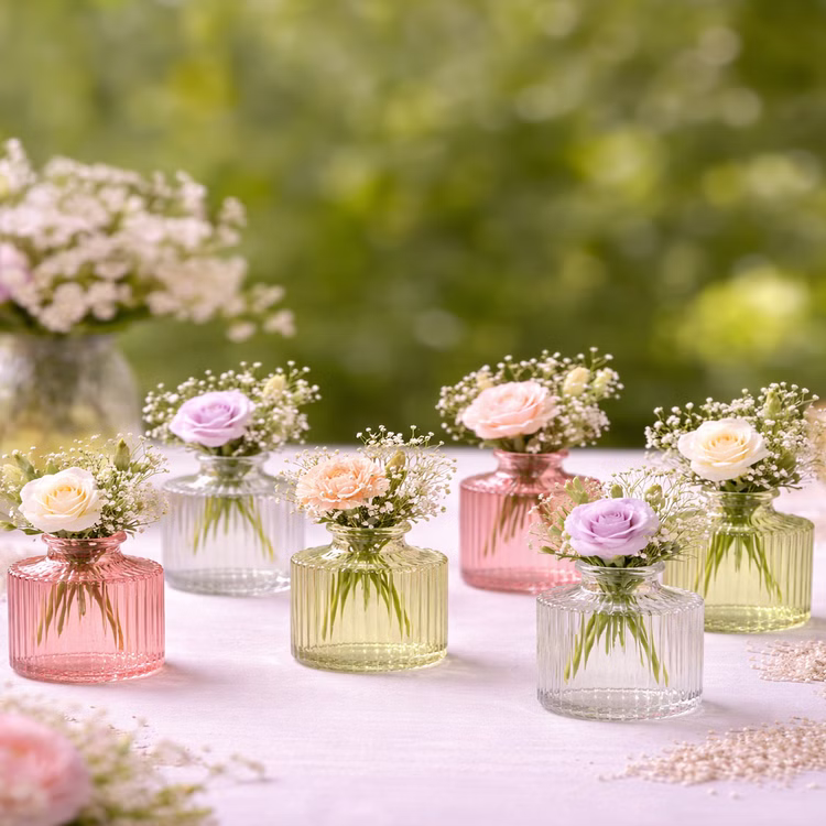 Mini Glasvasen-Set 6er Rosa Grün Klar Tisch-Deko Hochzeit Geburtstag gedeckter Tisch Blumenvase kleine Glasvase Dekoration Events Bunt gemischtes Mini-Glasvasen-Set mit kleinen Blumenarrangements als stilvolle Tischdeko im romantischen Ambiente.