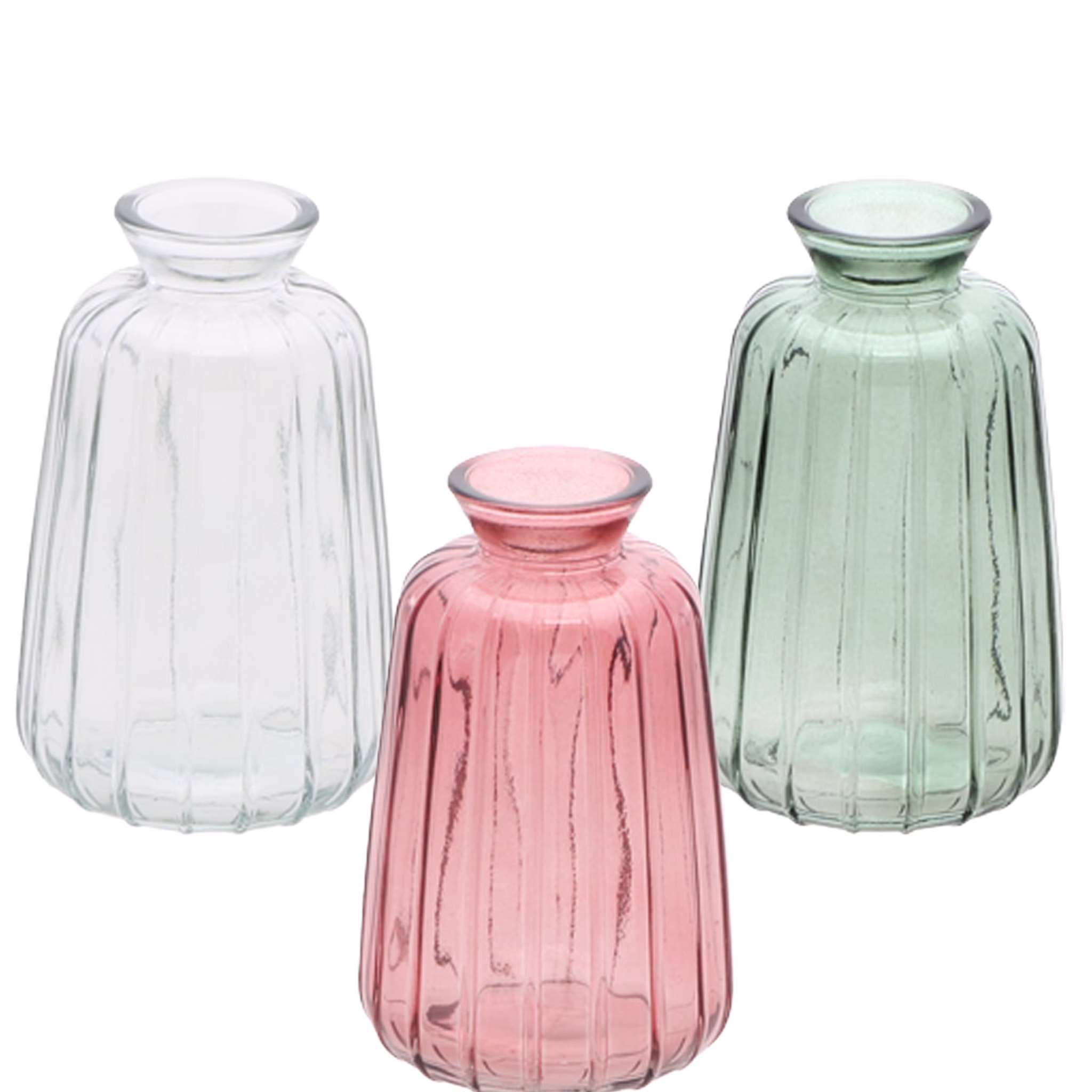 Glasvase Verone in drei Farbvarianten: Transparent, Rosa und Grün, gemeinsam freigestellt auf hellem Hintergrund.