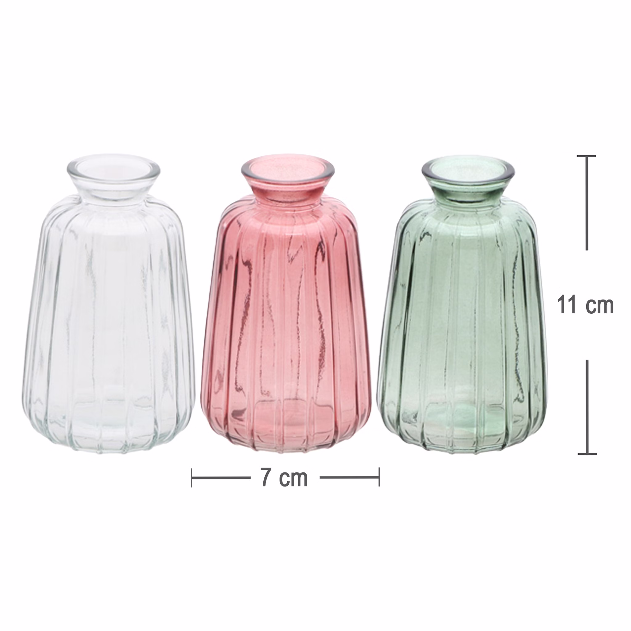 Glasvasen Verone im Farbmix Rosa, Grün und Transparent mit Maßangabe 7 x 11 cm als Übersicht der Varianten.