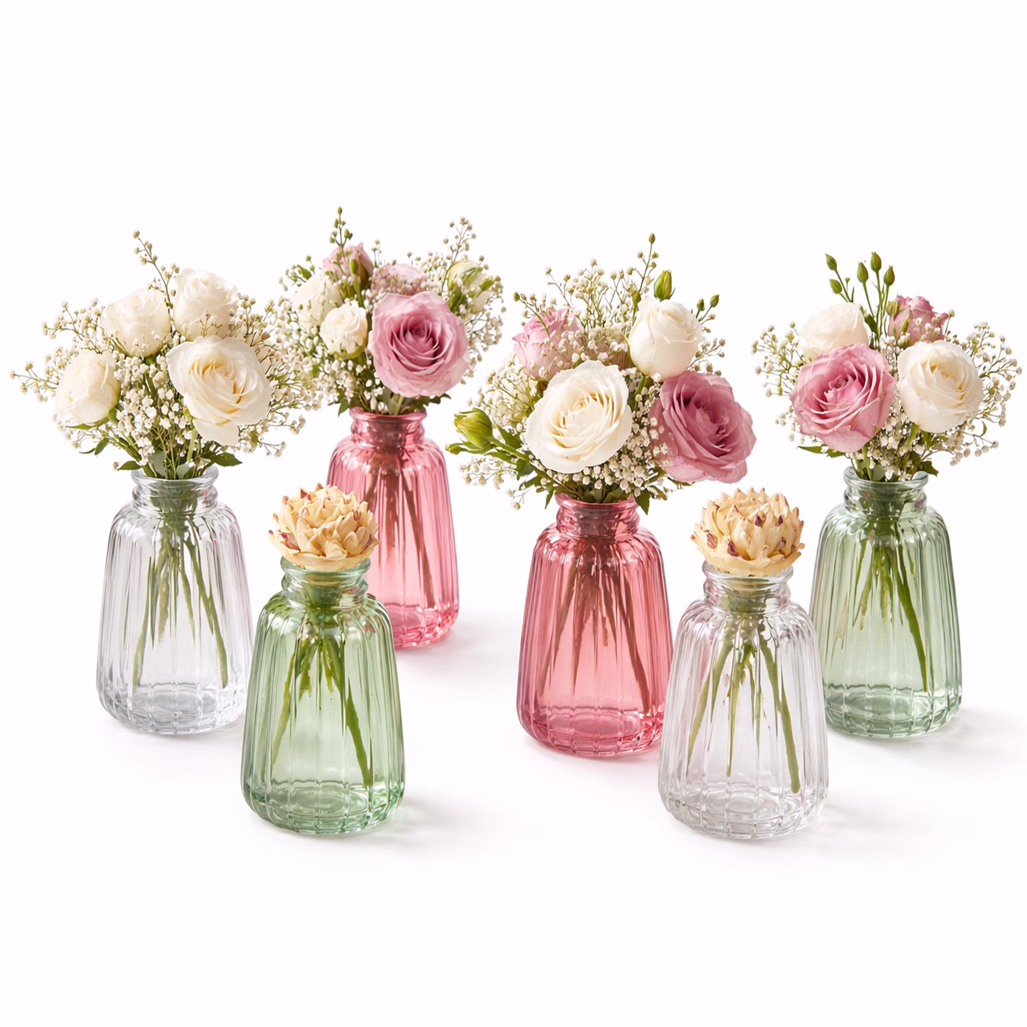 Glasvasen Verone in drei Farben mit floralen Arrangements als dekoratives 6er-Set auf hellem Hintergrund.