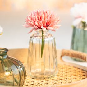 Glasvasen Verone in drei Farben mit floralen Arrangements als dekoratives 6er-Set auf hellem Hintergrund.