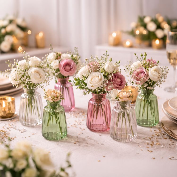 Glasvasen Verone in drei Farben mit floralen Arrangements als dekoratives 6er-Set auf hellem Hintergrund.