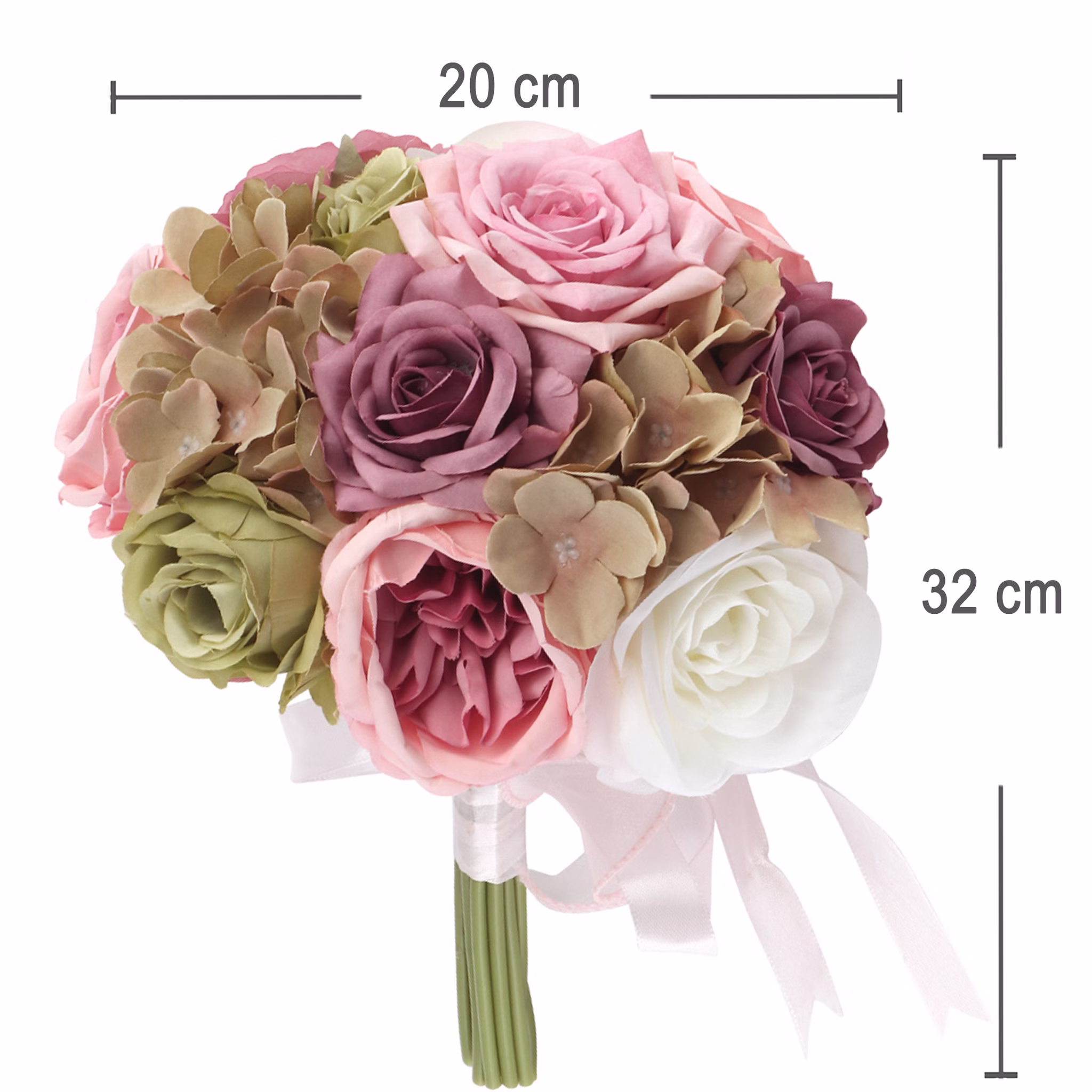 Künstlicher Blumenstrauß Fairy Pond mit rosa, lila und cremefarbenen Rosen sowie grünen Blüten, Durchmesser 20 cm, Länge 32 cm.