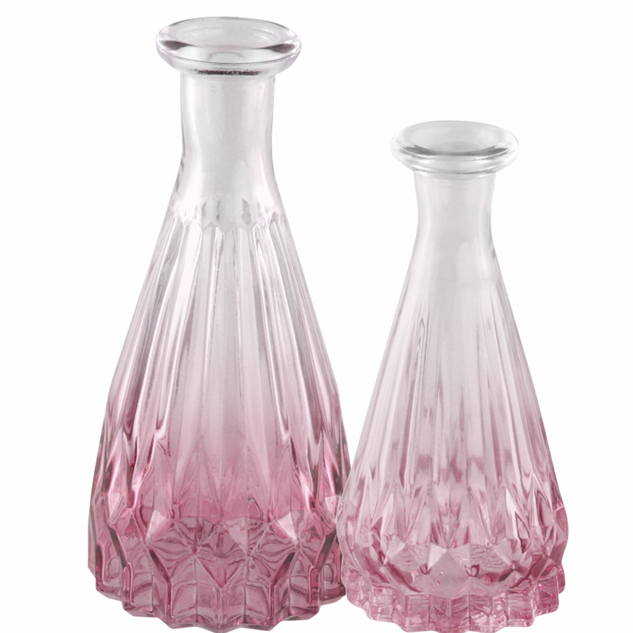 2 Glasvasen mit Rosa Farbverlauf 14,5 & 10,7 cm Tischdeko Hochzeit Geburtstag Glasvasen-Set Blumenvase Tisch-Deko dekorativ Vasen-Set Wohnaccessoire Zwei Glasvasen mit rosa Farbverlauf im Set, eine in 14,5 cm Höhe und eine kleinere in 10,7 cm, vor hellem Hintergrund.