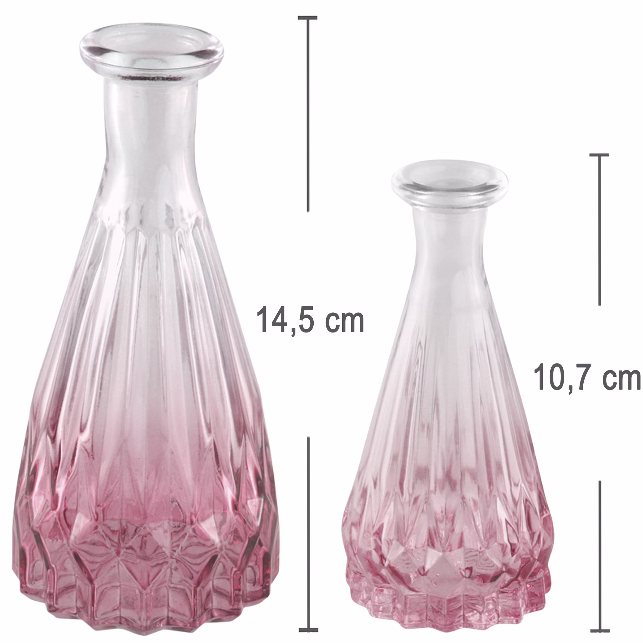 2 Glasvasen mit Rosa Farbverlauf 14,5 & 10,7 cm Tischdeko Hochzeit Geburtstag Glasvasen-Set Blumenvase Tisch-Deko dekorativ Vasen-Set Wohnaccessoire Zwei rosa Glasvasen mit eingezeichneten Maßen: große Vase 14,5 cm hoch, kleine Vase 10,7 cm hoch, dekorativ nebeneinander.