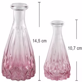 2 Glasvasen mit Rosa Farbverlauf 14,5 & 10,7 cm Tischdeko Hochzeit Geburtstag Glasvasen-Set Blumenvase Tisch-Deko dekorativ Vasen-Set Wohnaccessoire Zwei rosa Glasvasen mit eingezeichneten Maßen: große Vase 14,5 cm hoch, kleine Vase 10,7 cm hoch, dekorativ nebeneinander.