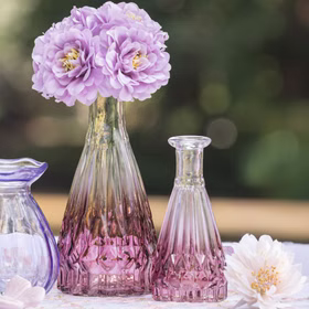 2 Glasvasen mit Rosa Farbverlauf 14,5 & 10,7 cm Tischdeko Hochzeit Geburtstag Glasvasen-Set Blumenvase Tisch-Deko dekorativ Vasen-Set Wohnaccessoire Große und kleine Glasvase mit rosa Farbverlauf, jeweils mit Blumen bestückt, dekorativ auf einem Tisch im romantischen Stil platziert.
