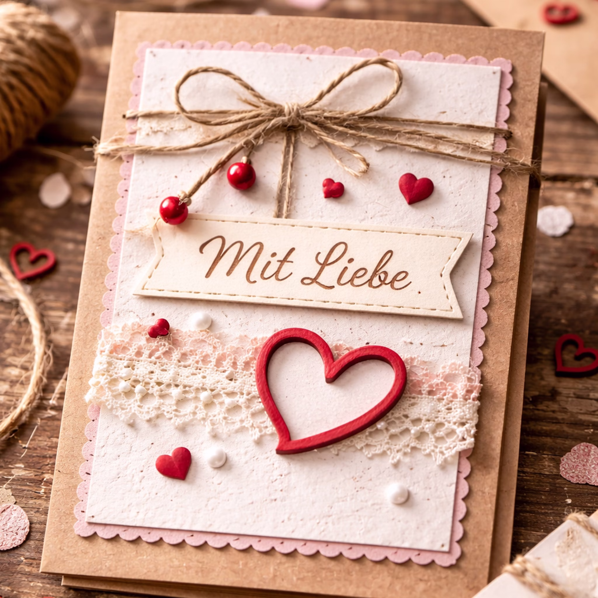 24 Holzherzen Rot 2 cm Streudeko Tischdeko Hochzeit Geburtstag Basteln Bastelbedarf Liebe Valentinstag gedeckter Tisch Bastel-Zubehör Selbstgebastelte Grußkarte mit rotem Holzherz und Schriftzug „Mit Liebe“ im Vintage-Stil.