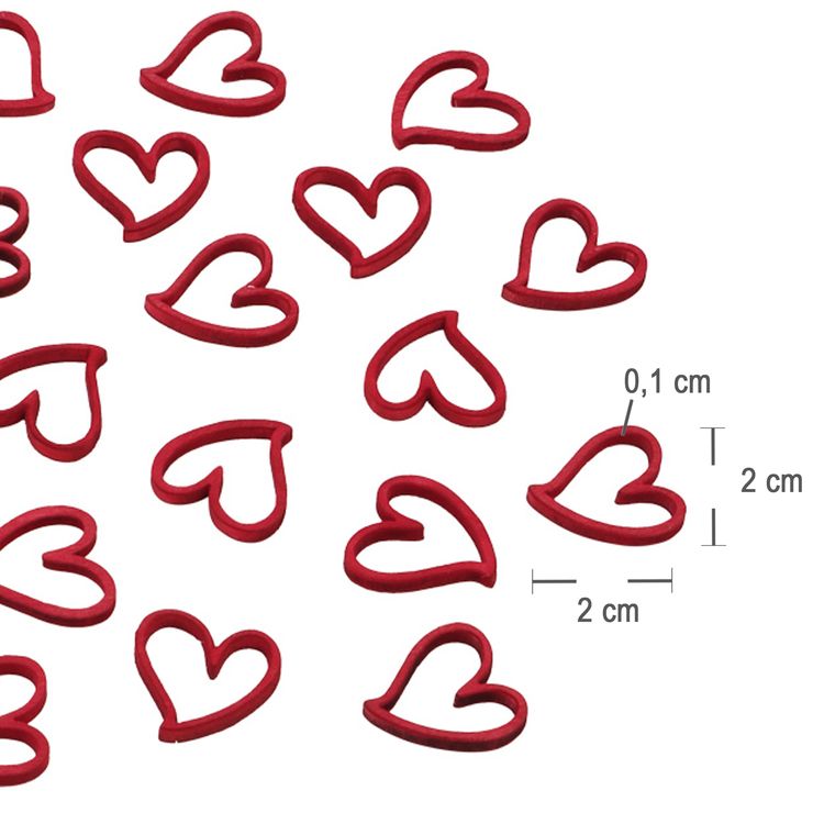Rote Holzherzen Streudeko im Set (24 Stück), filigrane Herzformen auf weißem Hintergrund.