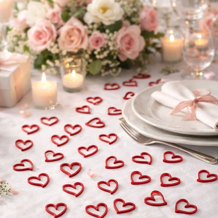 Rote Holzherzen Streudeko im Set (24 Stück), filigrane Herzformen auf weißem Hintergrund.