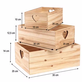 Holzkisten Set mit Herz, drei Größen mit eingezeichneten Maßen für Aufbewahrung und Dekoration.