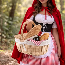 Weidenkorb als Picknickkorb gefüllt mit Brot und Wein, getragen von Frau im Rotkäppchen-Kostüm.