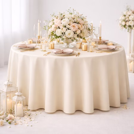 Runde Tischdecke Satin Elfenbein 300 cm elegante Tischdeko Hochzeit Geburtstag gedeckter Tisch Tisch-Dekoration für jeden Anlass Party-Deko Zubehör Elegante runde Satin Tischdecke in Elfenbein auf festlich gedecktem Tisch mit Blumen und Kerzen – perfekte Tischdeko für Hochzeit, Feier oder Geburtstag.