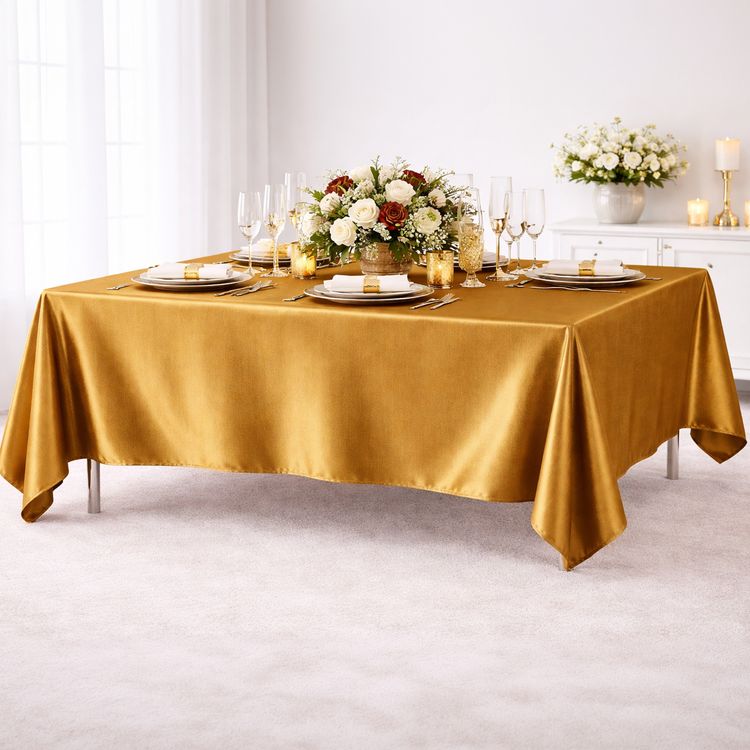 Tischdecke glänzend 150 x 300 cm elegante Tischdeko Hochzeit & Geburtstag Glänzende Tischdecke 150 x 300 cm in Rot, edel drapiert auf Tisch, ideal für elegante Hochzeiten und festliche Anlässe.