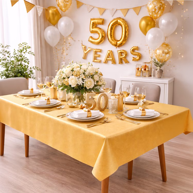 Tischdecke glänzend 150 x 300 cm elegante Tischdeko Hochzeit & Geburtstag Tischdecken gedeckte Tisch festliche Anlässe Möbel und Wohnen Wohn-Accessoire Glänzende Tischdecke 150 x 300 cm in Gold als elegante Tischdeko für Goldene Hochzeit, festlich gedeckter Tisch mit edlem Ambiente.