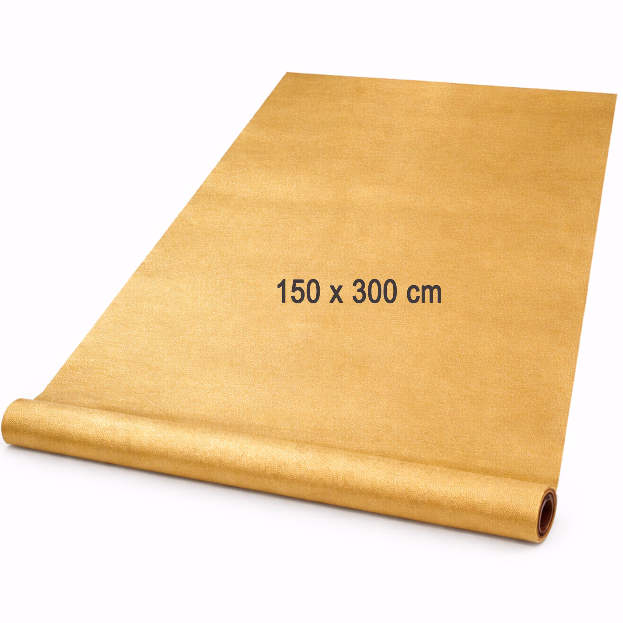 Teppichläufer 150 x 300 cm Einweg-Teppich Hochzeit Geburtstag Party-Deko Bodenläufer Party-Zubehör Teppich Events Goldener Event-Teppich aus Vlies mit Maßangabe 150 x 300 cm auf weißem Hintergrund dargestellt.