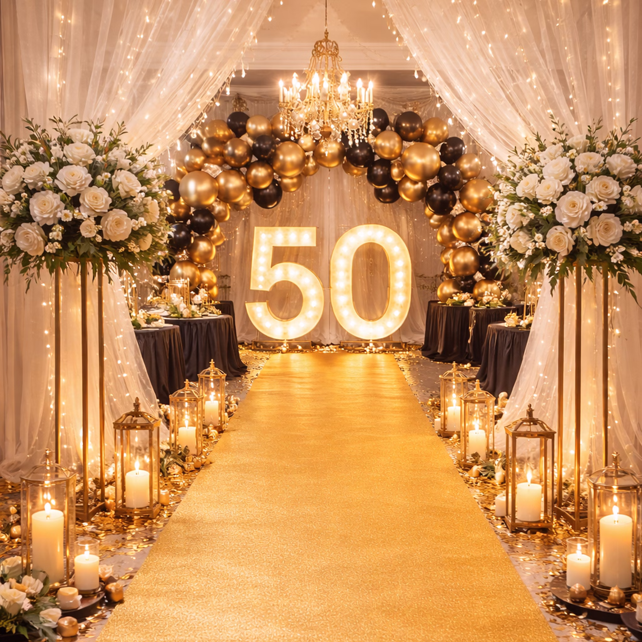 Teppichläufer 150 x 300 cm Einweg-Teppich Hochzeit Geburtstag Party-Deko Bodenläufer Party-Zubehör Teppich Events Goldener Teppich als eleganter Mittelgang bei festlicher Feier mit Blumen, Kerzen und stilvoller Beleuchtung. Hinweis: KI generiertes Bild