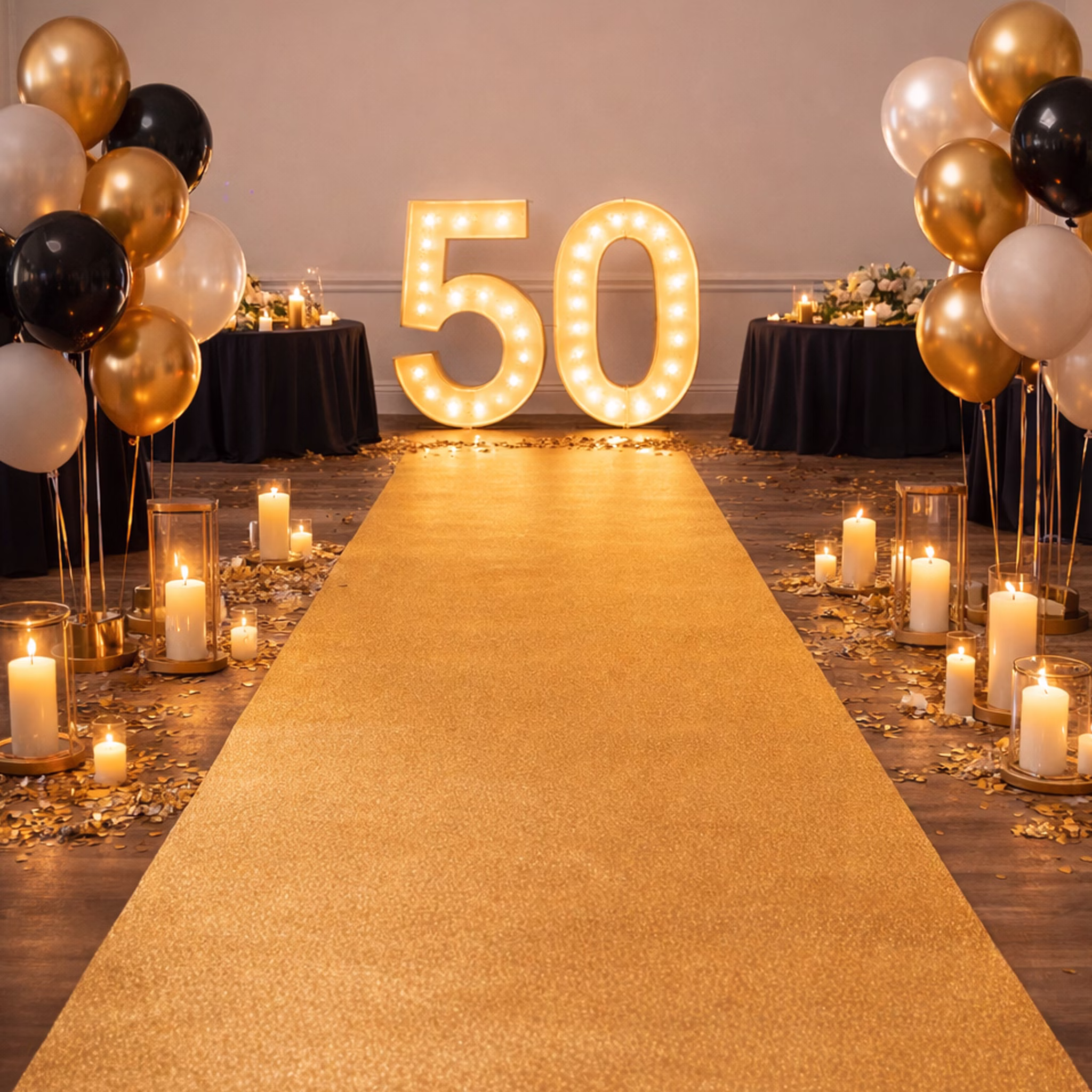 Teppichläufer 150 x 300 cm Einweg-Teppich Hochzeit Geburtstag Party-Deko Bodenläufer Party-Zubehör Teppich Events Goldener Event-Teppich bei 50. Geburtstag mit leuchtender Zahl 50, Ballons und Kerzen dekoriert. Hinweis: KI generiertes Bild