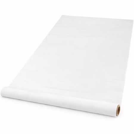 Teppichläufer 150 x 300 cm Einweg-Teppich Hochzeit Geburtstag Party-Deko Bodenläufer Party-Zubehör Teppich Events Weißer Bodenläufer aus Polyester-Vlies leicht ausgerollt auf weißem Hintergrund, ideal für Events und Feiern.