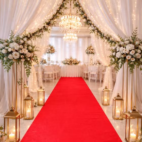 Roter Teppich als eleganter Mittelgang bei Hochzeit mit Blumen, Kerzen und festlicher Dekoration.