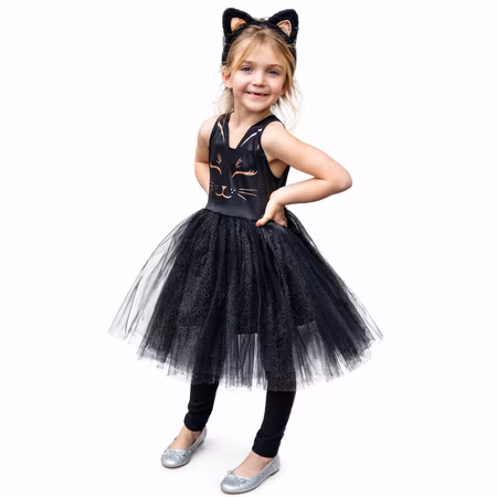 Katzen Kostüm Kinder Schwarz Kleid mit Haarreif & Schwanz Halloween 3-6 Jahre Tierkostüm Katze Fasching Karneval Kinderfasching Mottoparty Kindergeburtstag Schwarzes Katzenkostüm für Kinder mit Tüllrock und Haarreif mit Katzenohren vor weißem Hintergrund.