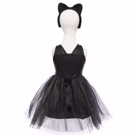 Katzen Kostüm Kinder Schwarz Kleid mit Haarreif & Schwanz Halloween 3-6 Jahre Tierkostüm Katze Fasching Karneval Kinderfasching Mottoparty Kindergeburtstag Rückansicht des schwarzen Katzenkostüms für Kinder mit angenähtem Katzenschwanz und Tüllrock.