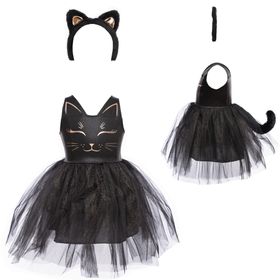 Schwarzes Katzenkostüm für Kinder mit Tüllrock und Haarreif mit Katzenohren vor weißem Hintergrund.