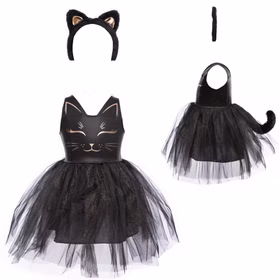 Katzen Kostüm Kinder Schwarz Kleid mit Haarreif & Schwanz Halloween 3-6 Jahre Tierkostüm Katze Fasching Karneval Kinderfasching Mottoparty Kindergeburtstag Kinder Katzenkostüm Set bestehend aus Kleid, Haarreif mit Ohren und Katzenschwanz in Schwarz.
